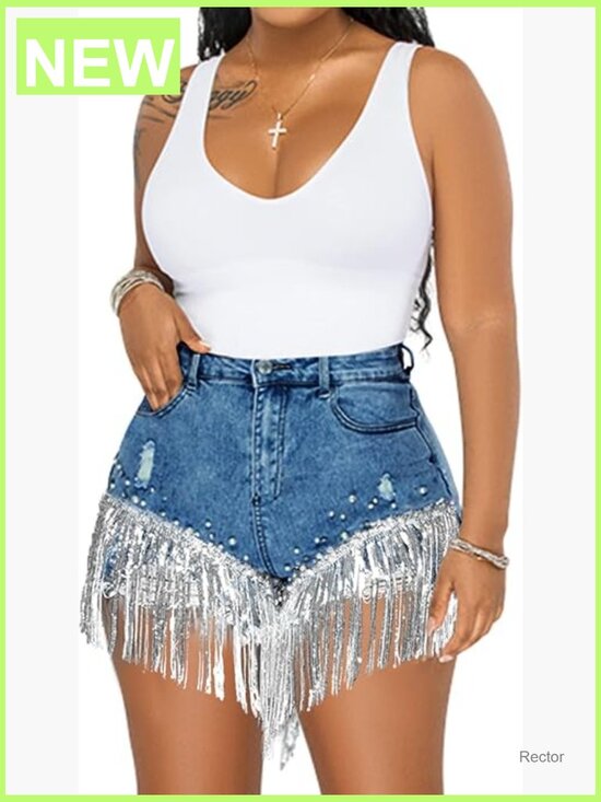 Pants - High Rise Rhinestone Fringe Denim Shorts - Distressed Ripped Jean